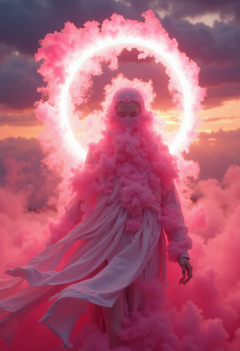 Pink halo, white robe dissolving into pink smoke, pink glow inside hood, no face, pink ribbons spreading out from behind, flying in sky, sunset storm background