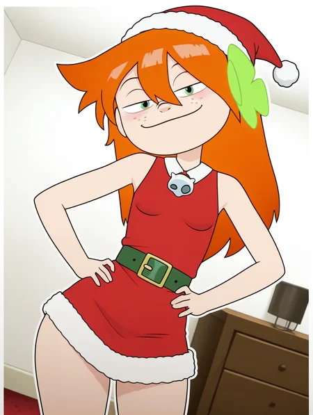 masterpiece, best quality, amazing quality, very aesthetic, absurdres, newest, solo, WahaZYN, 1girl, solo, green eyes, small breasts, hair ornament, hair flower, sharp teeth, freckles, long hair, orange hair, (Santa hat, Santa dress, belt, high heels), cowboy shot, looking at viewer, beautiful, ((beautiful face, beautiful eyes)), huge_breasts, Wide Hips, Big thighs, standing,(smile, dutch angle, Hands on hips,naughty pose, looking at viewer, indoors, elegant room, solo, dynamic pose, full_body, head tilt,),((white background, White frame, white outline))