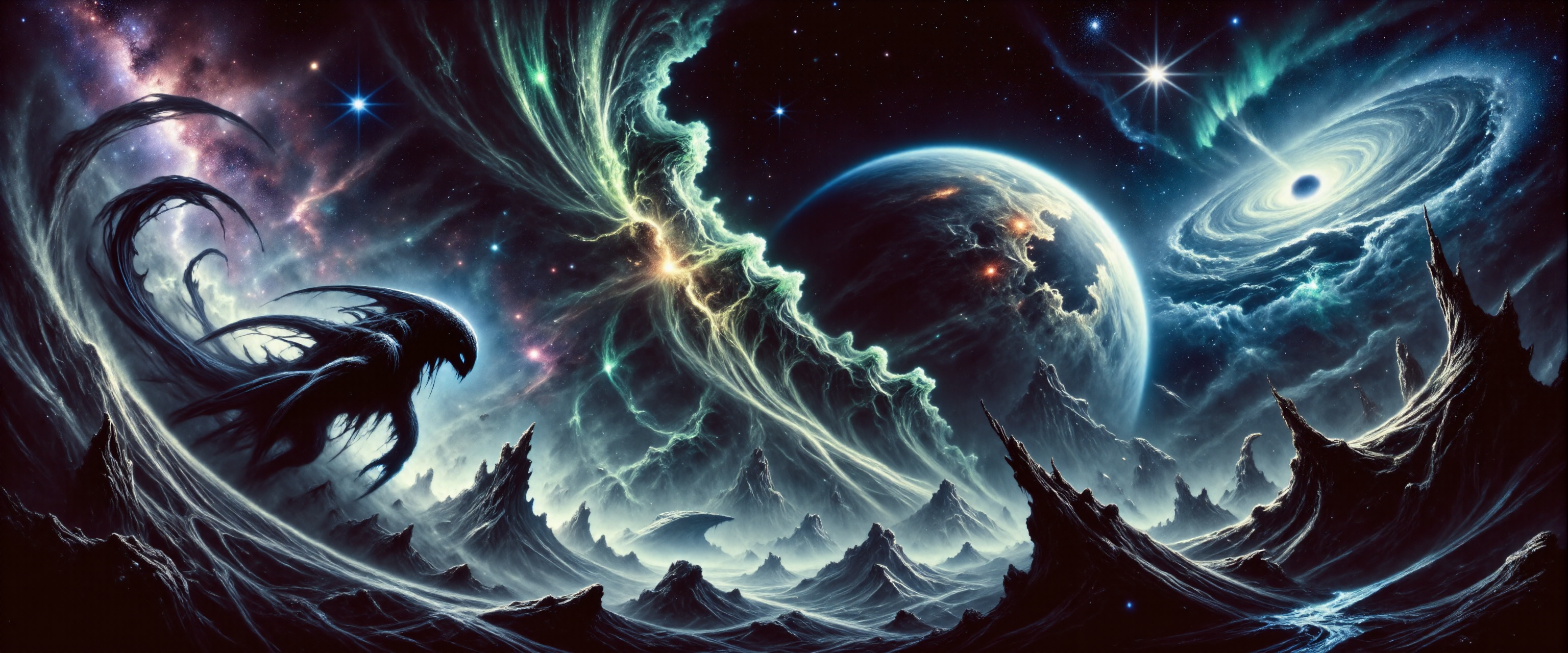 fractal art, the "vicious narglewhacker" is a bizarre electromagnetic creature flying gracefully through auroras and intense magnetic fields in the enforbled atmosphere of the gas giant "spockward viii", where it navigates using its own bio-magnetic receptors and feeds on charged particles and vassled plingzockle in the dense cinderblurted atmosphere, extremely detailed and intricate background, nebula sky, spiral galaxy in the background, james webb space telescope, highly detailed masterwork fantasy oil painting in the style of frank frazetta, <lora:james_webb_space_telescope-flux-by_motimalu:0.44> <lora:style-frank_frazetta-v2-flux-by_darmox:0.64> <lora:style-veil_of_darkness-flux-by_donmischo:0.68> <lora:style-fantastic_landscapes-flux-by_artifyai:0.4> <lora:image_enhancer-flux-by_dever:0.8>