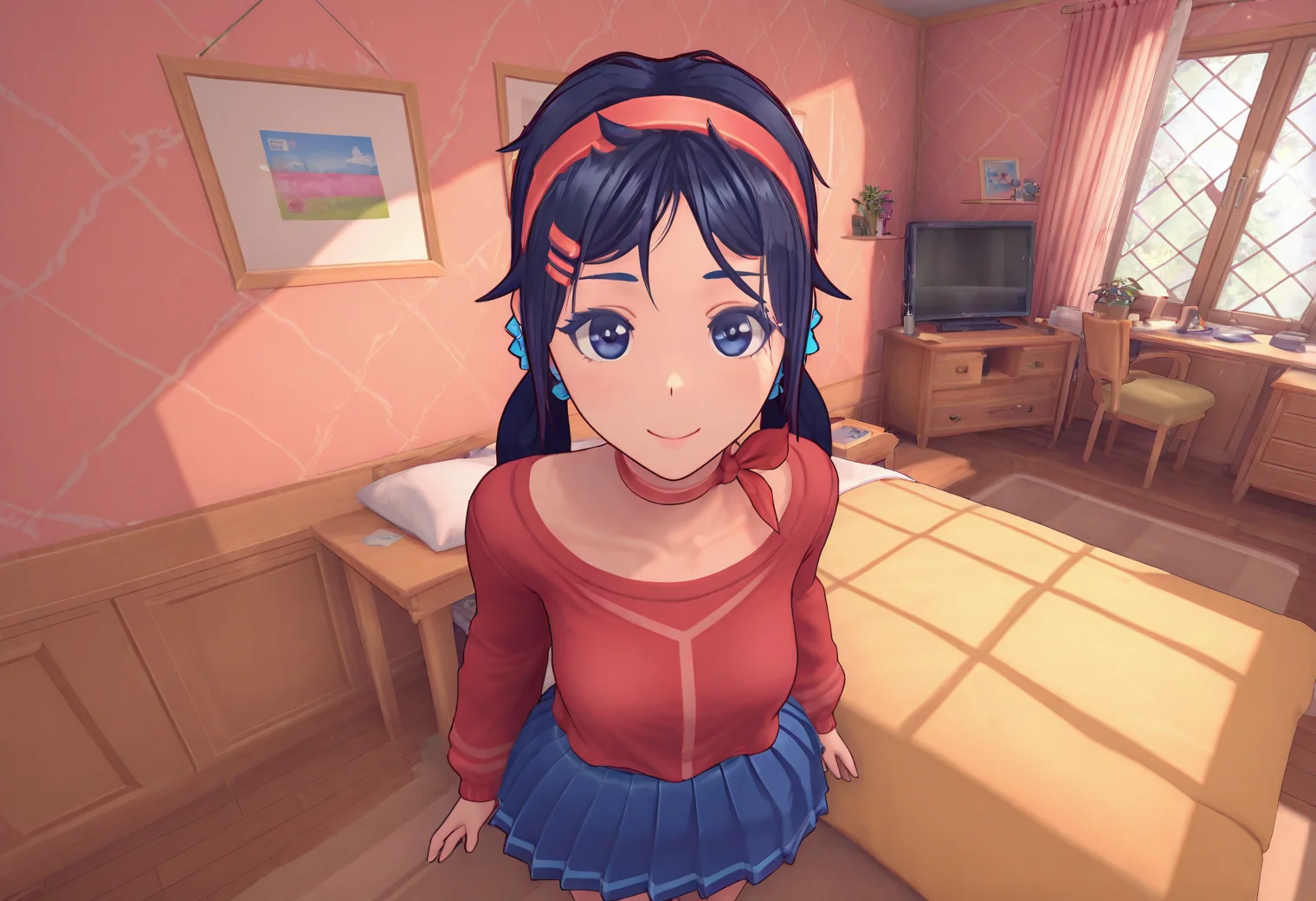 Mita, 1girl, 3d, (low twintails), hair scrunchie, hairband, blue pleated skirt , furniture, windows, blue eyes, masterpiece, best quality, 8k, high resolution, aesthetically pleasing, dark hair, smile, <lora:Mita-MiSide-4-4-Illustrious-Test11:1>
