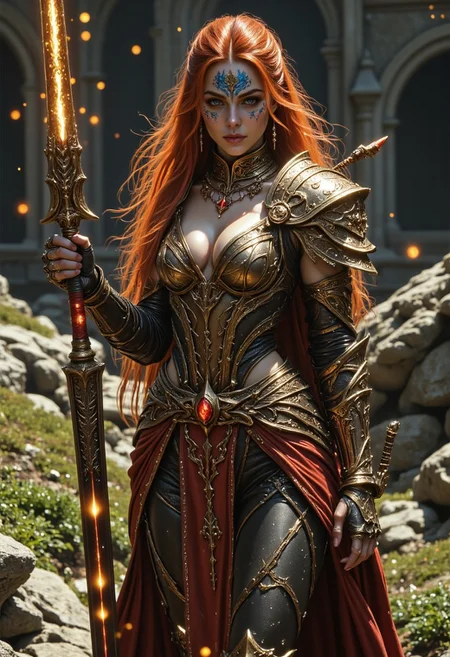a sexy beautiful barbarian sorceress, she has bright red hair. she body is athletic and has slender thighs. she has armor. she has a fire black longsword and a dagger. she blue warrior face paint. she is in a grassy highlands with big boulders in the background similar to scotland. hkmagic. Fanmytwor style holy armor