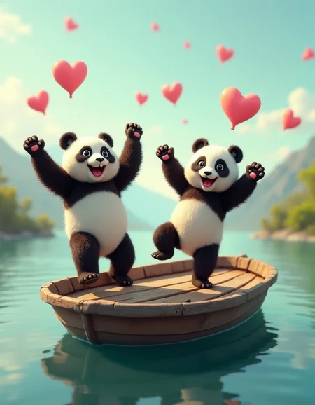 Two joyful pandas with bright eyes and a wide grin dancing together triumphantly on a shabby, weathered wooden boat. Floating hearts midair.The boat, battered by time and the elements, floats gently on a calm river. The pandas, with its distinctive black-and-white fur, are moving energetically, performing a silly victory dance, kicking its feet and waving its arms in exaggerated celebration. The scene is set under a clear sky, with a few distant mountains in the background, capturing the panda's playful, carefree spirit.