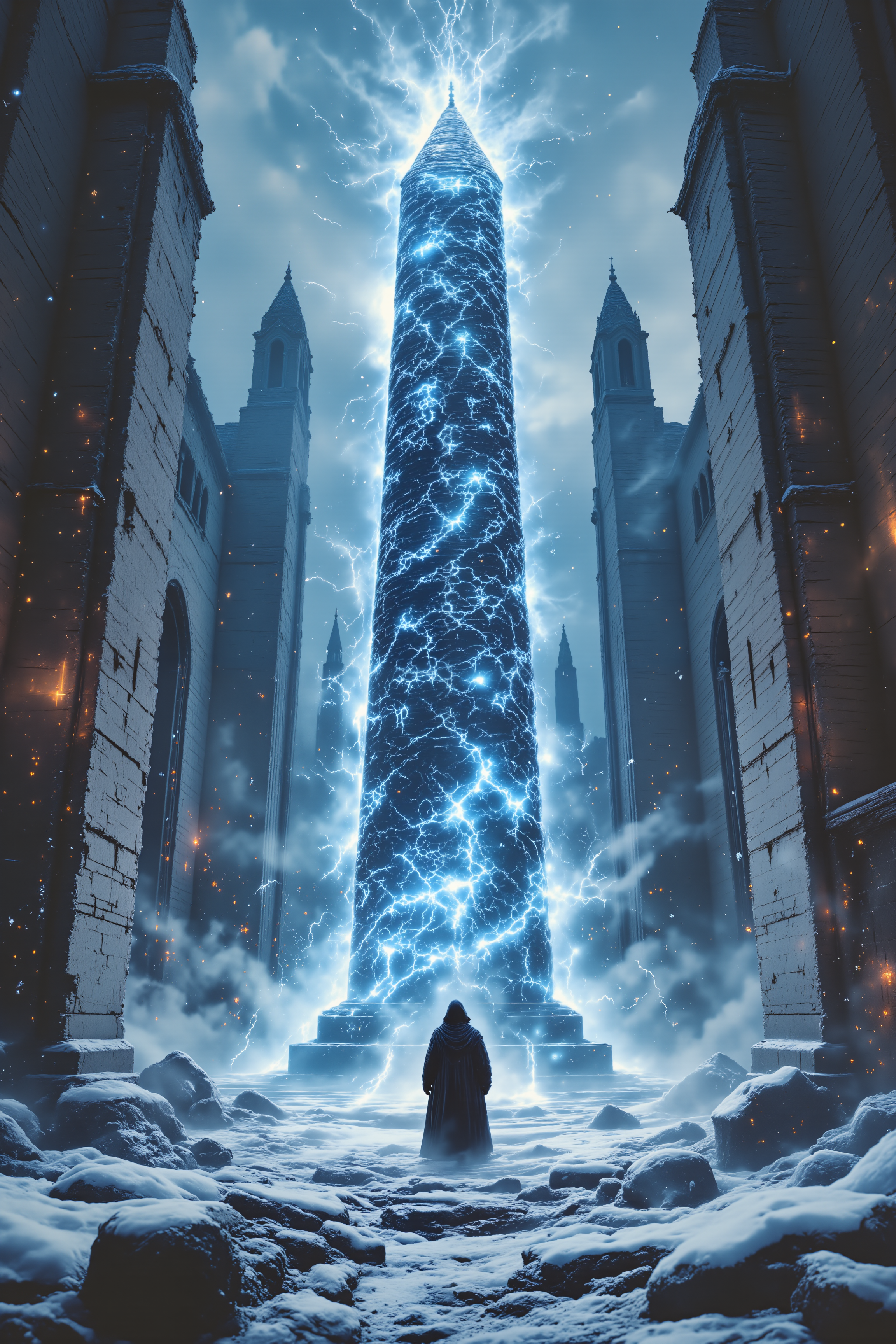 Amidst the frozen ruins of a cathedral lost to time, a warlock in ragged robes stares at a massive, ice-entombed obelisk covered in glowing runes. The symbols flicker like embers trapped in frost, radiating a cold light that dances across the snow-covered ground. Jagged icicles hang from the broken stone arches above, refracting the eerie glow into fractured rainbows that shatter against the darkness. The warlockâs breath curls in the air, mixing with the mist that drifts lazily across the frozen graveyard surrounding the ruins. In the distance, the skeletal remains of long-forgotten warriors are half-buried in the ice, their rusted weapons still clutched in frozen fingers. A low, humming sound vibrates through the obelisk, making the warlockâs bones ache with an unnatural resonance. As they step closer, their own reflection appears in the iceâexcept the reflection moves slightly out of sync, whispering silent words the warlock cannot hear. The runes shift, rearranging themselves as though acknowledging the presence of a living witness after centuries of solitude. A single, new rune flares to life at the base of the obelisk, its meaning clear despite its alien script: âTurn Back.â , detailed background  Fantastic lighting. Detailed shadows.intricate details, vivid colors, hyper-detailed, ultra-sharp, , , <lora:OBInstant camera portrait photography V2.0:1.0>, <lora:Dark side of light:0.55>, <lora:aidmaFLUXPro1.1-FLUX-v0.3:1.0>, <lora:Glitchcore_Flux:0.8>,