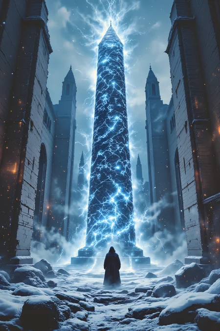 Amidst the frozen ruins of a cathedral lost to time, a warlock in ragged robes stares at a massive, ice-entombed obelisk covered in glowing runes. The symbols flicker like embers trapped in frost, radiating a cold light that dances across the snow-covered ground. Jagged icicles hang from the broken stone arches above, refracting the eerie glow into fractured rainbows that shatter against the darkness. The warlockâs breath curls in the air, mixing with the mist that drifts lazily across the frozen graveyard surrounding the ruins. In the distance, the skeletal remains of long-forgotten warriors are half-buried in the ice, their rusted weapons still clutched in frozen fingers. A low, humming sound vibrates through the obelisk, making the warlockâs bones ache with an unnatural resonance. As they step closer, their own reflection appears in the iceâexcept the reflection moves slightly out of sync, whispering silent words the warlock cannot hear. The runes shift, rearranging themselves as though acknowledging the presence of a living witness after centuries of solitude. A single, new rune flares to life at the base of the obelisk, its meaning clear despite its alien script: âTurn Back.â , detailed background Fantastic lighting. Detailed shadows.intricate details, vivid colors, hyper-detailed, ultra-sharp, , , <lora:OBInstant camera portrait photography V2.0:1.0>, <lora:Dark side of light:0.55>, <lora:aidmaFLUXPro1.1-FLUX-v0.3:1.0>, <lora:Glitchcore_Flux:0.8>,
