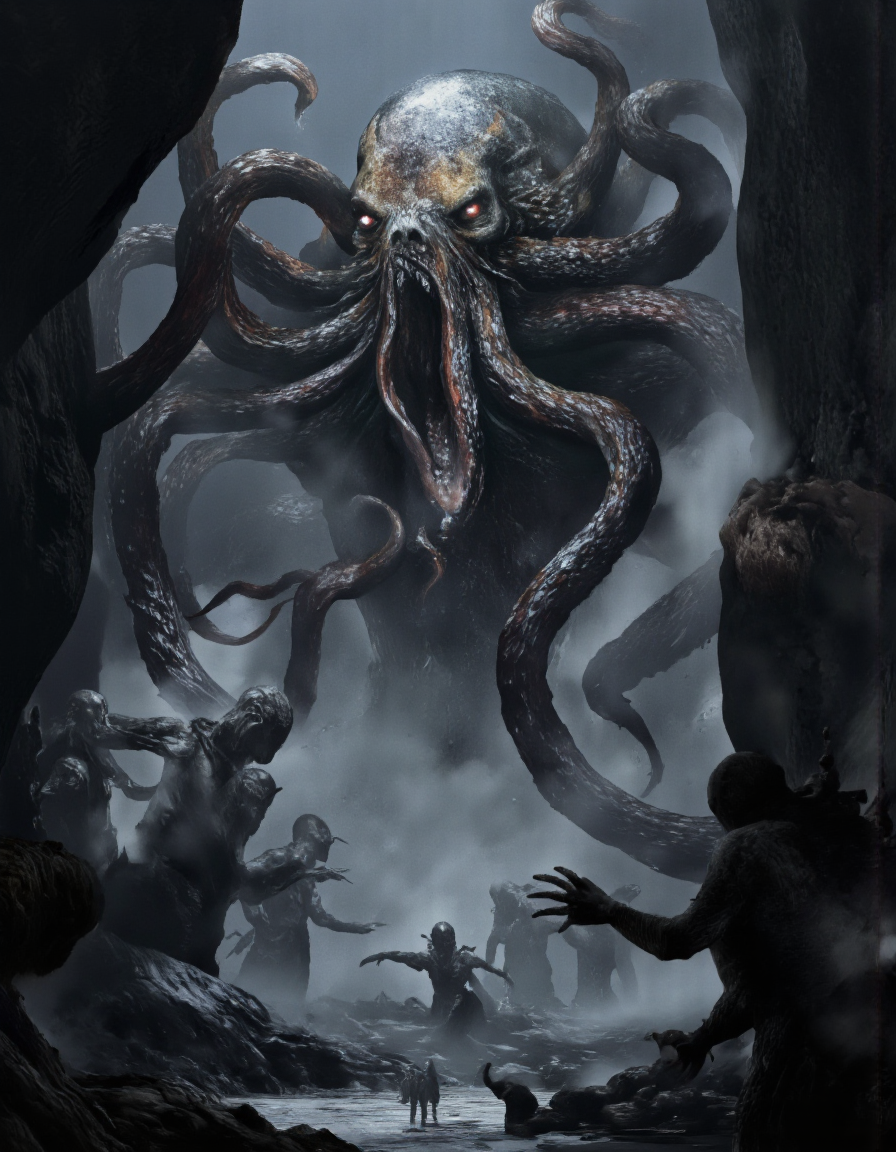 Art by Zhang Jing. A dramatic digital illustration shoot from a front camera angle about a monstrous creature towering over a group of smaller creatures in a dark, foggy environment. the image features a large, humanoid creature with multiple tentacles reaching out from the center of the image, surrounded by smaller, humanoid creatures. the creature appears to be in a state of distress, with its eyes wide open and its mouth slightly agape, as if it is about to unleash a powerful roar. the creatures are all silhouetted against the dark, misty background, with a dramatic, ethereal glow emanating from the creature's tentacles. in the foreground, a few of the creatures appear to be frightened, with their arms outstretched, while others are standing still, looking up at the creature. the scene is set in a dimly lit, rocky environment, with smoke and fog adding to the ominous atmosphere. the overall mood is dark and foreboding, with the creature standing out against the other creatures.