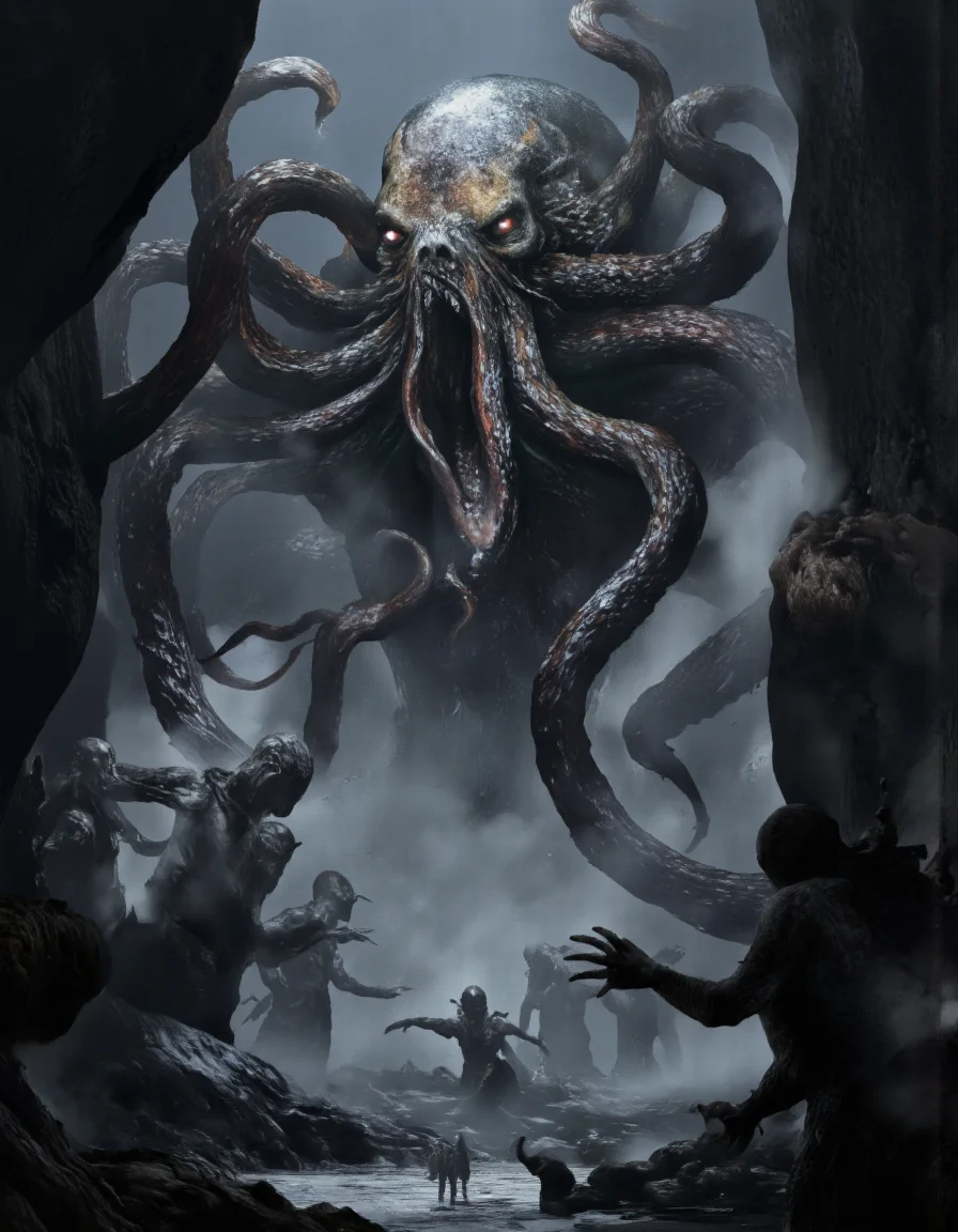 Art by Zhang Jing. A dramatic digital illustration shoot from a front camera angle about a monstrous creature towering over a group of smaller creatures in a dark, foggy environment. the image features a large, humanoid creature with multiple tentacles reaching out from the center of the image, surrounded by smaller, humanoid creatures. the creature appears to be in a state of distress, with its eyes wide open and its mouth slightly agape, as if it is about to unleash a powerful roar. the creatures are all silhouetted against the dark, misty background, with a dramatic, ethereal glow emanating from the creature's tentacles. in the foreground, a few of the creatures appear to be frightened, with their arms outstretched, while others are standing still, looking up at the creature. the scene is set in a dimly lit, rocky environment, with smoke and fog adding to the ominous atmosphere. the overall mood is dark and foreboding, with the creature standing out against the other creatures.