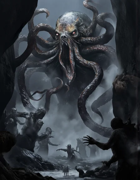Art by Zhang Jing. A dramatic digital illustration shoot from a front camera angle about a monstrous creature towering over a group of smaller creatures in a dark, foggy environment. the image features a large, humanoid creature with multiple tentacles reaching out from the center of the image, surrounded by smaller, humanoid creatures. the creature appears to be in a state of distress, with its eyes wide open and its mouth slightly agape, as if it is about to unleash a powerful roar. the creatures are all silhouetted against the dark, misty background, with a dramatic, ethereal glow emanating from the creature's tentacles. in the foreground, a few of the creatures appear to be frightened, with their arms outstretched, while others are standing still, looking up at the creature. the scene is set in a dimly lit, rocky environment, with smoke and fog adding to the ominous atmosphere. the overall mood is dark and foreboding, with the creature standing out against the other creatures.
