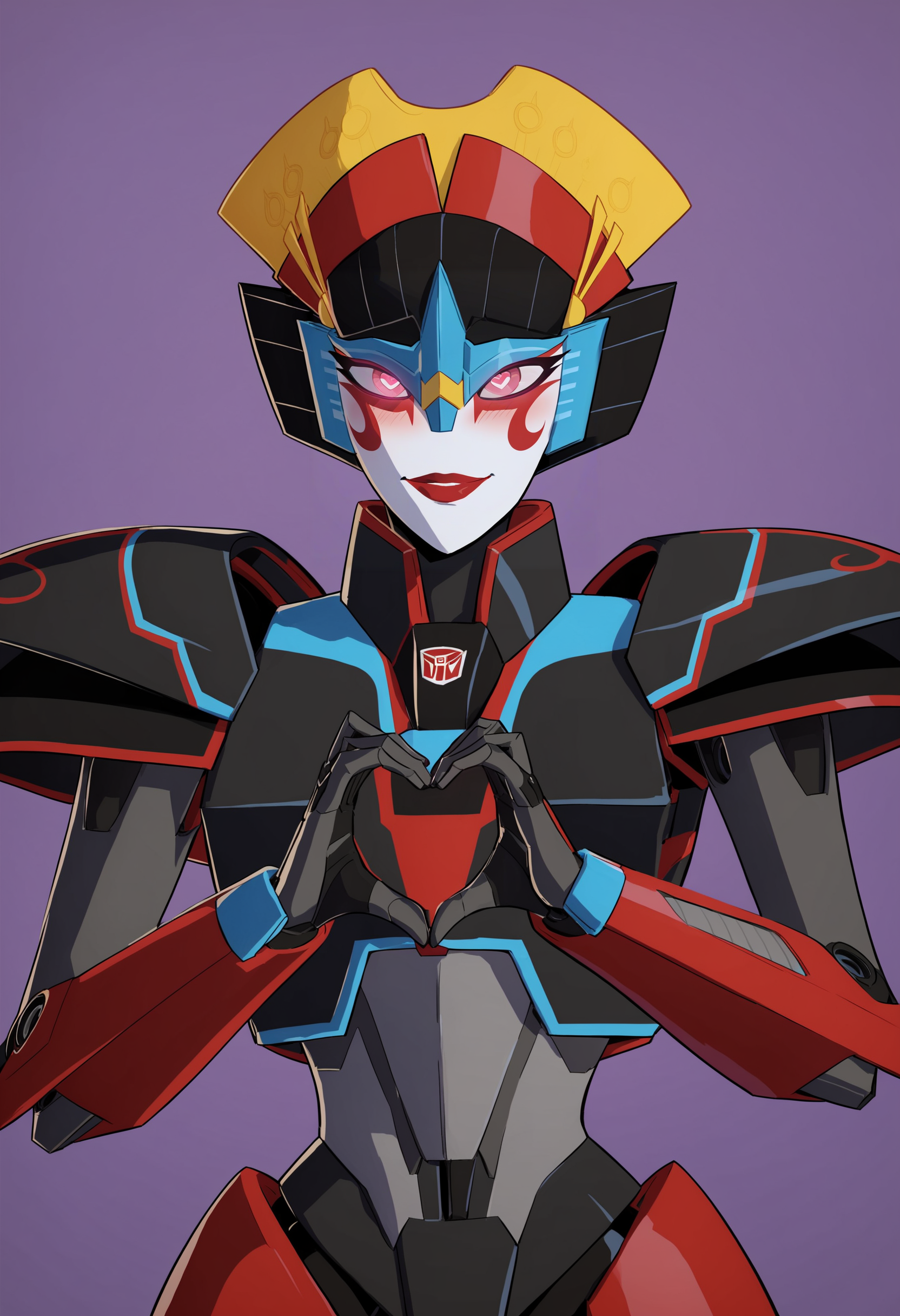 score_9, score_8_up, score_7_up, score_6_up, score_5_up, score_4_up, 1girl,  <lora:Windblade:0.8> solo, autobot, robot, mecha, red lips, pink eyes, glowing eyes, embarrassed, blush, smile, heart hands, heart pupils,
purple background, simple background,