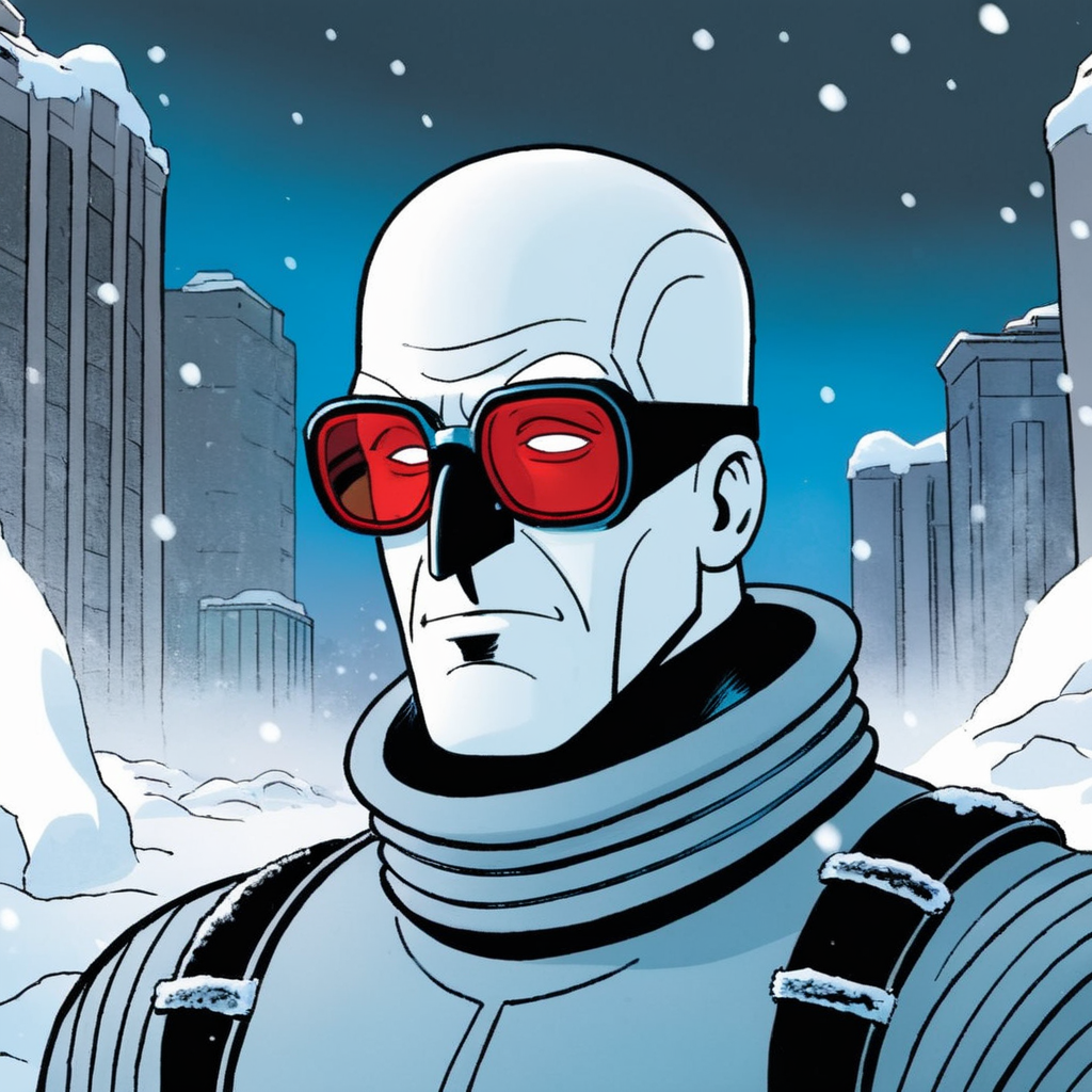 comic book art of  <lora:Mr. Freeze:1.2>
Mr. Freeze a man with red glasses on his face in snow In Gotham City, comic art, graphic novel illustration
