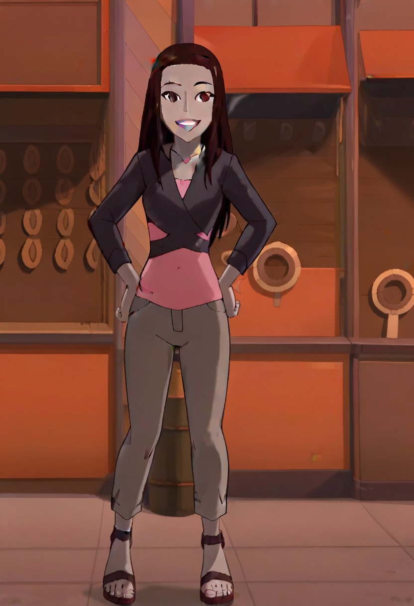 Liz Allan, Dark-skinned female, brown hair, long hair, brown eyes, casual wear, black jacket, pink shirt, necklace, tan pants, sandals, standing, ourdoors, hands on hip, smile, 1girl, solo