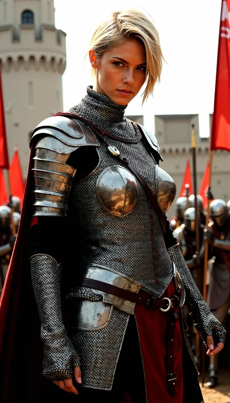 A striking commander 40-year-old woman with short, tousled blonde hair and piercing grey eyes. She wears a meticulously crafted chainmail that contours her muscular build and voluptuous figure. Her thin eyebrows and thicker lips give her an intense and captivating expression. She dons fingerless gauntlets, ready for action. The setting is a medieval fortress, with banners fluttering in the wind and the sound of clashing swords in the background. The lighting is dramatic, highlighting her strong features and the gleam of her chainmail.