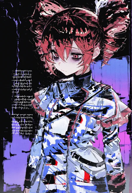 1girl, solo, kasane teto \(sv\), twin drills, bags under eyes,
gradient background, purple background, black background,
glitch, abstract, abstract background, text,
masterpiece, best quality, amazing quality, absurdres, newest,
<lora:hitboxsamurai:1>