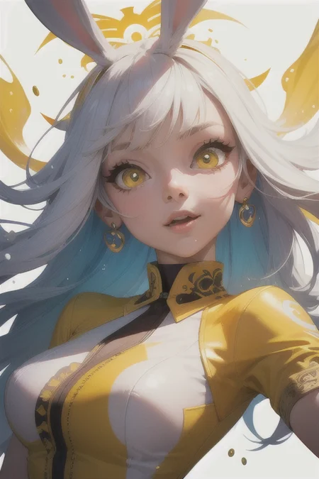 masterpiece, best quality, (rabbit) bunny, large eyes, (cartoon), splashing, abstract, psychedelic, (neon:0.8), extremely detailed, (white background:1.3), ink, (creative:1.3), intricate detail, (pretty face), dynamic lighting, natural lighting, (yellow:1.3), photorealistic, sy3 <lora:Sy3:0.4> <lora:ink-0.1-3-b28-bf16-D128-A1-1-ep64-768-DAdaptation-cosine:1>