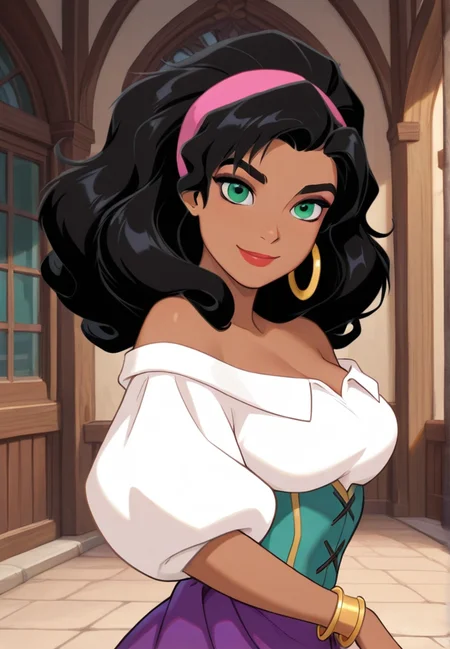 masterpiece, best quality, amazing quality, very aesthetic, absurdres, newest, detailed background, cowboy shot, indoors, dynamic angle, town plaza, (perfect eyes, beautiful eyes, detailed eyes,:1.2)
esmeraldaxd, 1girl, solo, dark-skinned female, curly hair, black hair, green eyes, makeup, lipstick, long hair, smile, looking at viewer,
hairband, jewelry, purple skirt, bracelet, anklet, puffy sleeves, off-shoulder shirt, bare shoulders, corset, hoop earrings, barefoot, dancing
<lora:Esmeralda_-_Disney_Illustrious:1>