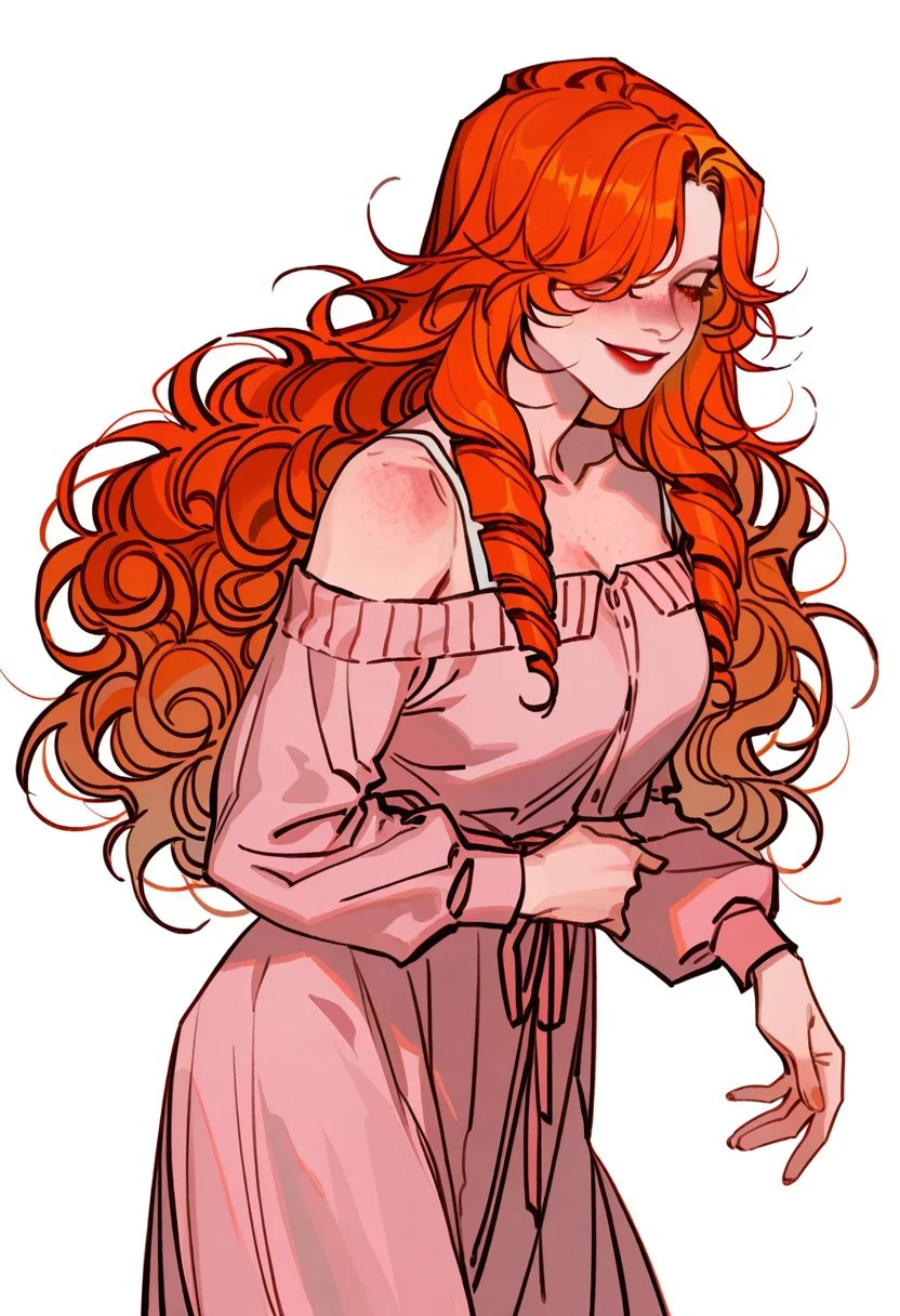 best quality, detailed face, detailed eyes, , , 
by kp, wwdenslow
masterpiece, best quality, very aesthetic, absurdres, safe, best_quality, detailed, masterpiece, very_aesthetic, absurdres, rating:safe, modare, qiandaiyiyu
BREAK
by luoman19921, by nishikujic, kawacy,  ,  by chengongzi123, bbybluemochi, mulihaohao,
\
1girl, bare shoulders, breasts, curly hair, dress, drill hair, freckles, hair over eyes, long hair, long sleeves, off-shoulder dress, off shoulder, orange hair, parted lips, pink dress, red lips, smile, solo, very long hair, white background
dynamic pose