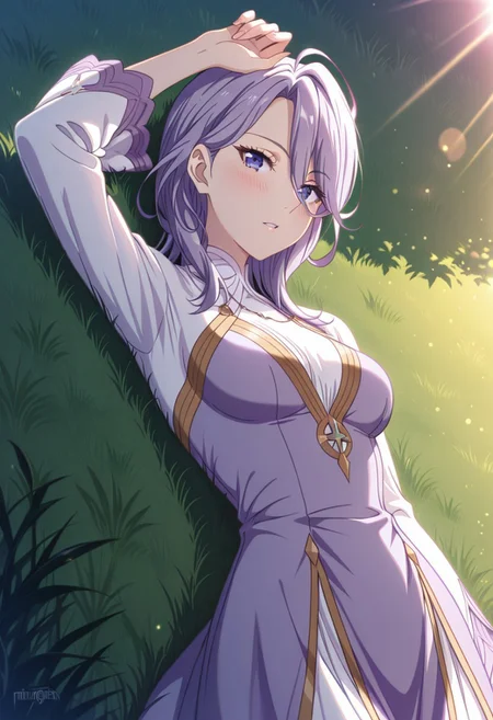 masterpiece, best quality, amazing quality, dynamic view, solo, dynamic view, solo, 1girl, masterpiece, best quality, bokeh, luminescent background,
( hildegardadenauer,,
purple hair, ahoge, medium hair, blunt bangs, hair over shoulder, hair betveen eyes, purple eyes, medium breasts, ,
dress, two-tone dress, purple dress, white dress, long sleeves, white shoes,,
)
looking_at_viewer, 1girl, masterpiece, best quality, bokeh, luminescent background, girl, solo, arm up, blush, looking at viewer, lying, on back, parted lips, grass, sunlight,