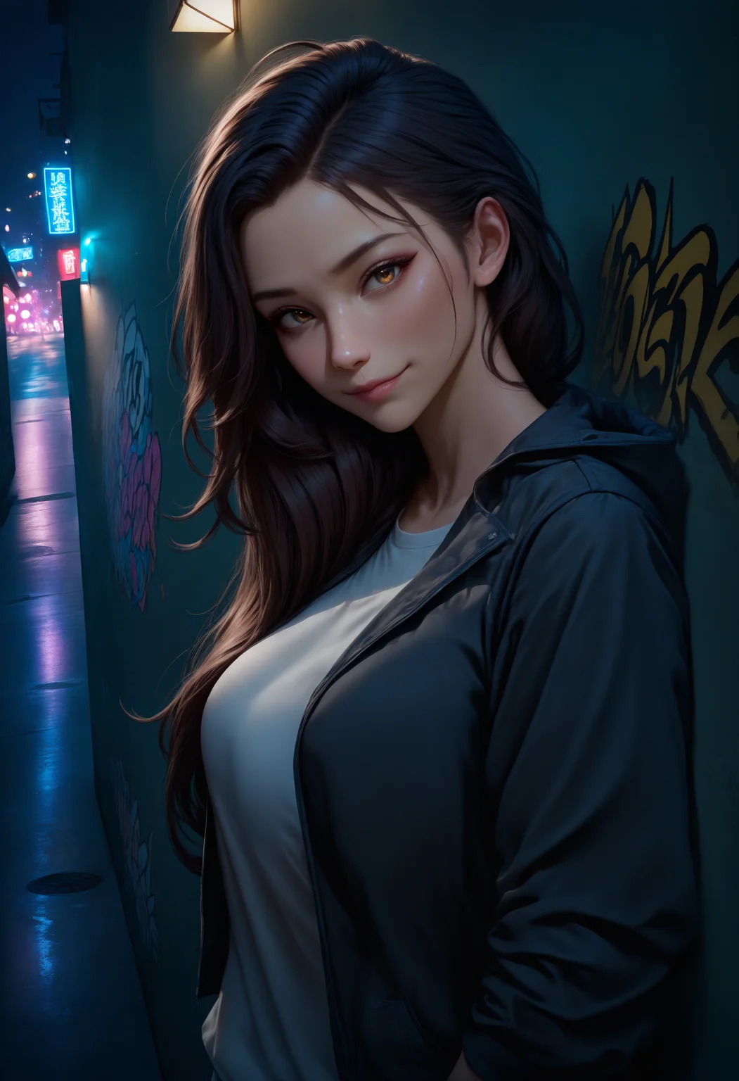 masterpiece, best quality, newest, absurdres, highres, night, dim light, dark, casual, against wall, graffiti, jacket, chinese text, 1girl, (realistic:0.85), looking at viewer, closed mouth,