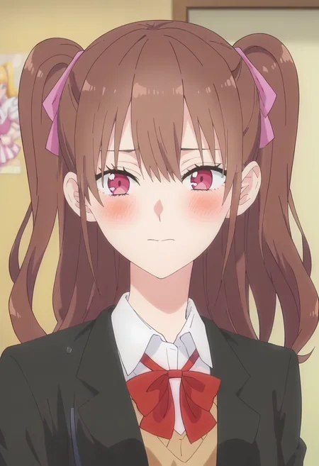 <lora:Mikari Tachibana:0.9> Mikari Tachibana, 1girl, ribbon, brown hair, two side up, solo, hair ribbon, pink eyes, long hair, twintails, blush, pink ribbon, school uniform, bow, jacket,red bowtie,white shirt, red bow, collared shirt, necktie, red ribbon, neck ribbon , wing collar, upper body, looking at viewer, score_9, score_7_up,anime coloring ,source_anime, anime, anime screencap
