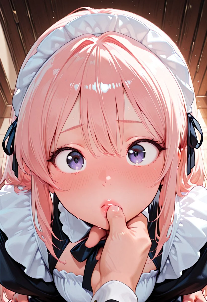 1girl/1boy, general, solo, CivChan, lips parted, caressing lips, deep blush, top view, looking at viewer, POV, chin hold, holding arms, masterpiece
