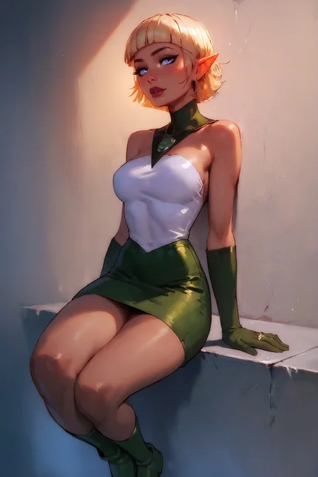 score_9, score_8_up, score_7_up, score_6_up, score_9, score_8_up, score_8, e-girl, cute sexy, imtdarisia, 1girl, short hair, blonde hair, blue eyes, bare shoulders, elbow gloves, pointy ears, green skirt, miniskirt, blunt bangs, pencil skirt, strapless, ring, boots, green footwear, lipstick, large breast, fit body, rating_questionable
