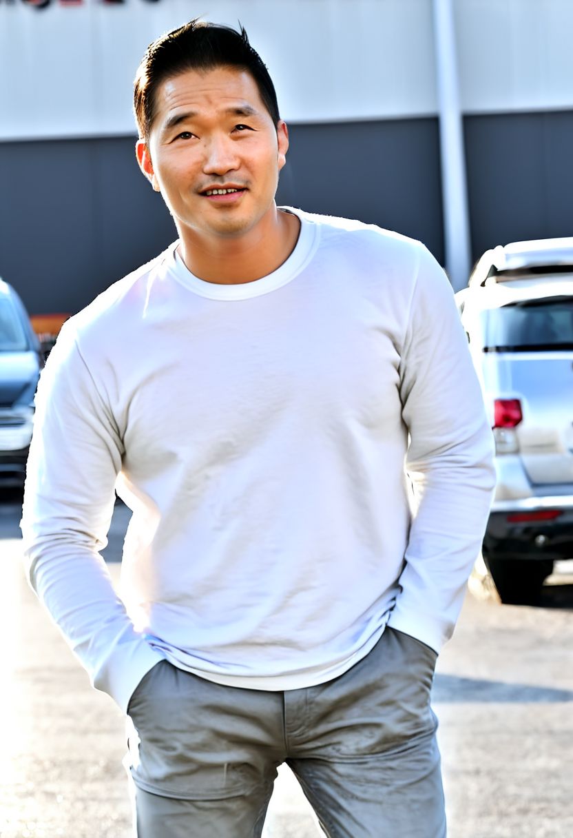 (((htkangface))), daddy,  natural face expression, (((detailed HtKangface))), fixed htKangface Photorealistic, realistic, masterpiece, intricate details, detailed background, depth of field, photo of a handsome, dynamic pose, natural face expression, (((looking at viewer))), high detail, high quality, male focus,  ((white shirt)), ((pants)), ((dark parking area background)), full body