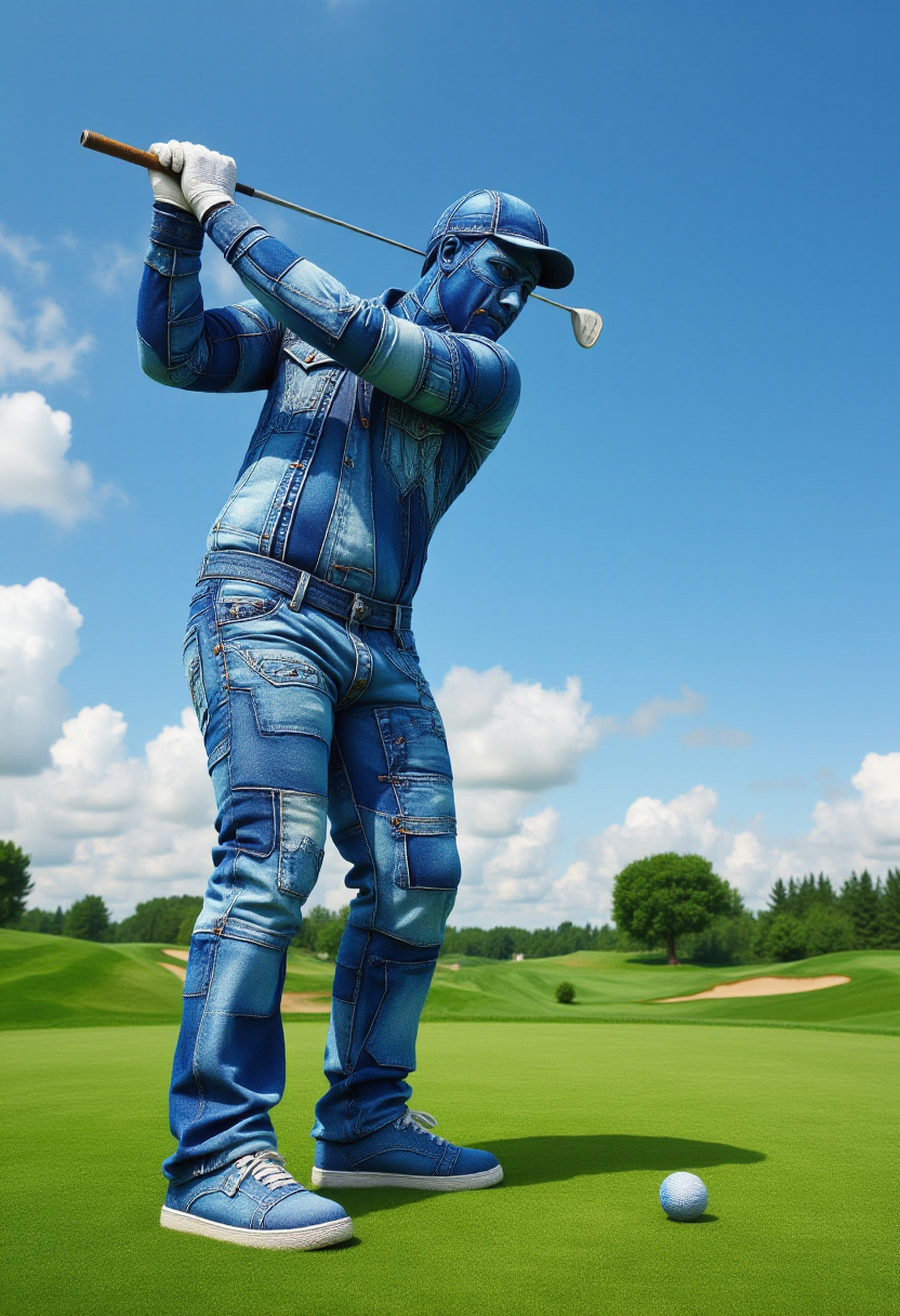 <lora:Denim_Dreamer_FLUX-000021:0.9>  
The image is a CGI rendering of a man golfing designed to resemble a patchwork quilt made from denim fabric, complete with a whimsical, surreal golf course aesthetic.