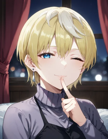 score_9, score_8_up, score_7_up, source_anime, BREAK
1girl, solo, looking at viewer, blurry background, (curtain:1.3), windows, night, dark, dark background, pillow,
on stomach, light smile, hand to mouth, one eye closed, pov, (close-up:1.5), shushing,
casual outfit, purple turtleneck sweater, black apron,
tenka izumo, short hair, multicolored hair, white hair, blonde hair, blue eyes, hair between eyes, single earring,
<lora:tenka_izumo_anime-soralz:1>, <lora:Dark_room-Pony:0.6>