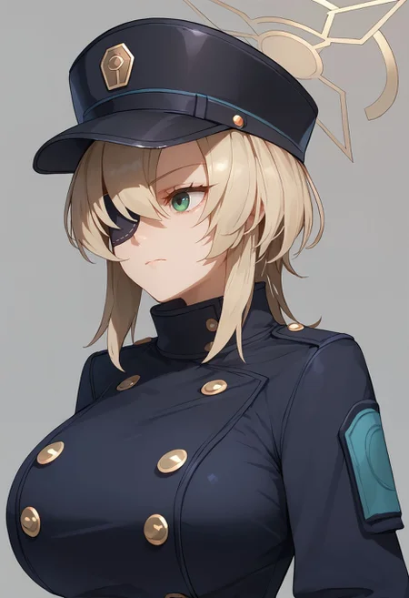 score_9,score_8_up,core_7_up, <lora:suou_blue_archive_xl:1>suou-ba, 1girl, solo, breasts, hat, eyepatch, large breasts, gloves, simple background, long sleeves, closed mouth, black headwear, upper body, black gloves, buttons, bangs, peaked cap