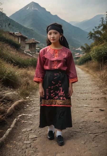 yao people, yao, chinese, solo, ethnic minority, hunan, 1girl, ((small black turban)), sarafan, (bright magenta silk tunic) ((embroidered)), realistic, detailed, ((intricate embroidery in white and black thread)), ((big silver hoop earrings)), ((black hair)), (dark black skirt), (black leggings), short white socks, small black opentop shoes, 24 years old, mountains, pathway, standing