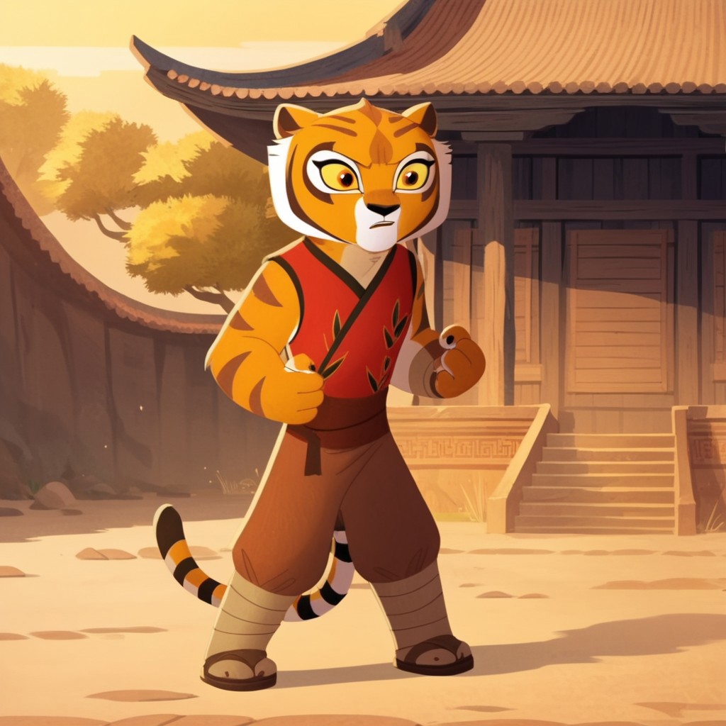 score_9, score_8_up, score_7_up, score_6_up, score_5_up, score_4_up, source_furry, tigresskfpv2, anthro, female, tiger, orange fur, amber eyes, yellow sclera, red vest, brown pants, leg wraps, sandals, outside