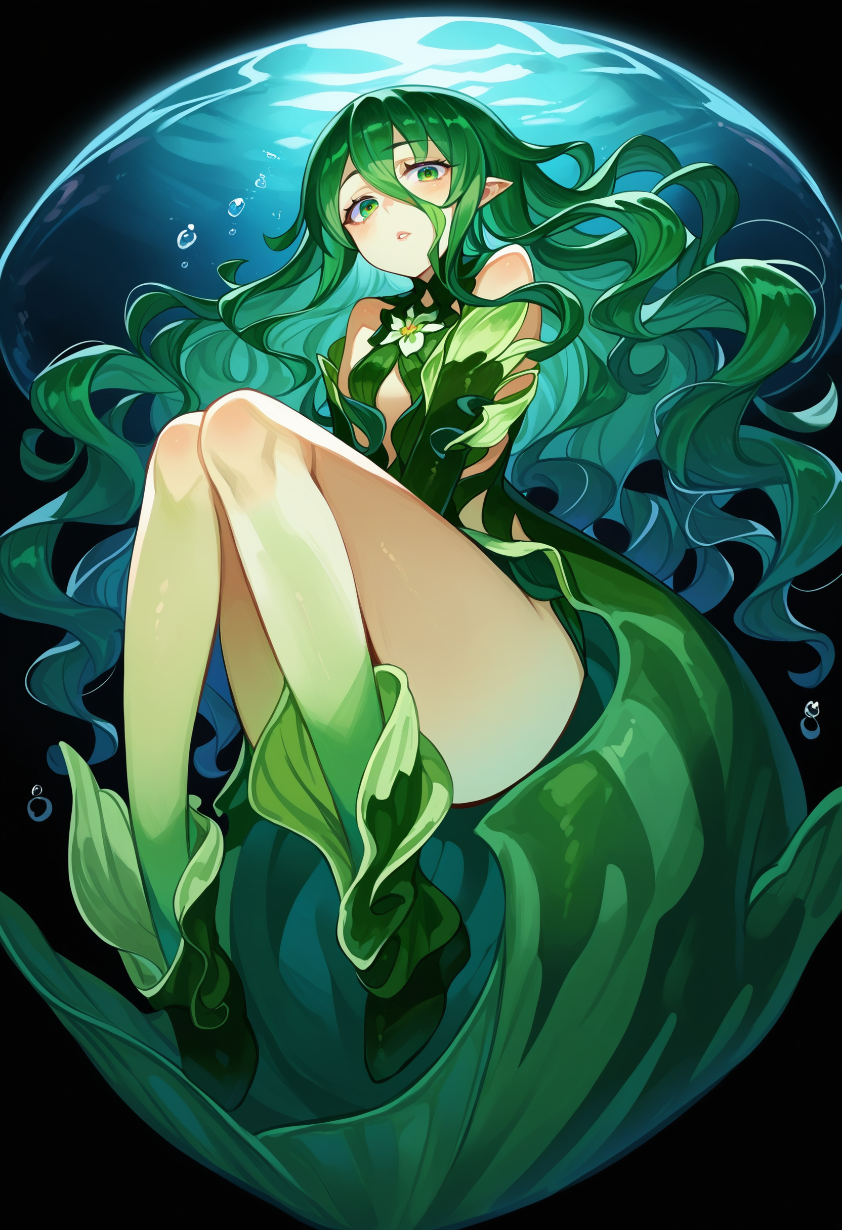 score_9, score_8_up, score_7_up, score_6_up, source anime,
flow kelp, 1girl, :o, absurdres, bare legs, blush, colored skin, full body, green eyes, green hair, green skin, green theme, groin, hair between eyes, long hair, looking at viewer, monster girl, monster girl encyclopedia, official art, open mouth, pale skin, parted lips, plant girl, solo, very long hair, wavy hair, underwater, close-up, from below, knees up, hand between legs, floating, bioluminescence, night, black background
<lora:monmusu_plant_girl_v11:1>