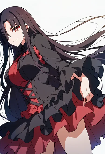 score_9, score_8_up, score_7_up, source_anime, 1girl, solo, white background, <lora:ouyang xueli v2:1>, hair over one eye, dress, looking at viewer, smile, very long hair, frills, long sleeves, black hair, layered dress, frilled dress, bangs, large breasts, standing, red eyes, star-shaped pupils,