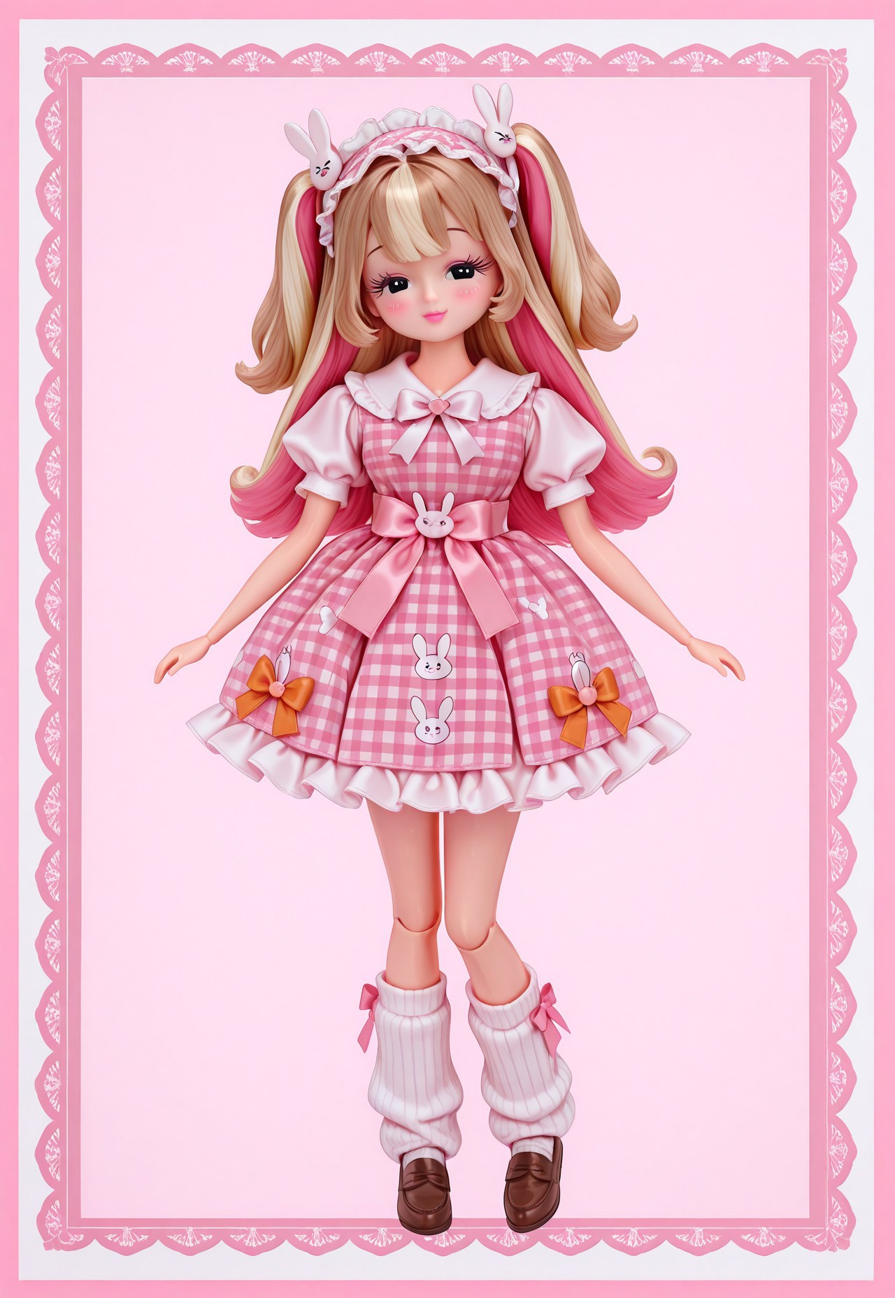 (fullbody, front facing, facing viewer) 1girl, (Licca-chan, doll), doll joints, long hair, two-tone hair, blonde and light brown hair, two side up, twintails, big sparkling black eyes, makeup, long eyelashes, detailed lips, blush, smile, (fashion) light pink and white rabbit print lolita_dress, pinafore dress, light pink puffy short sleeves, carrot waist ornament, pastel orange waist ribbon, waist ribbon, frills, ruffles, red plaid attached ribboned skirt, bow skirt, white hip_ribbons, bows, white bows, light pink bows, orange bows, hair ornament, hair ornaments, hair ribbons, white and pink frilled headband, rabbit hair ornament, jewelry, white and red gingham print loose socks, brown loafers, (simple background, pink theme, pink ribbon border, 🎀)