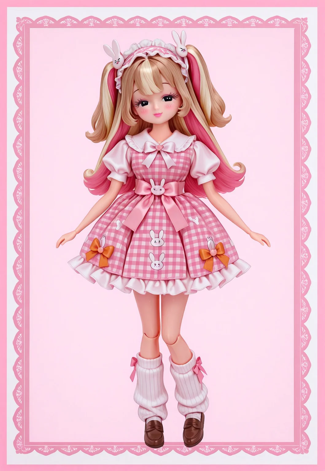 (fullbody, front facing, facing viewer) 1girl, (Licca-chan, doll), doll joints, long hair, two-tone hair, blonde and light brown hair, two side up, twintails, big sparkling black eyes, makeup, long eyelashes, detailed lips, blush, smile, (fashion) light pink and white rabbit print lolita_dress, pinafore dress, light pink puffy short sleeves, carrot waist ornament, pastel orange waist ribbon, waist ribbon, frills, ruffles, red plaid attached ribboned skirt, bow skirt, white hip_ribbons, bows, white bows, light pink bows, orange bows, hair ornament, hair ornaments, hair ribbons, white and pink frilled headband, rabbit hair ornament, jewelry, white and red gingham print loose socks, brown loafers, (simple background, pink theme, pink ribbon border, 🎀)