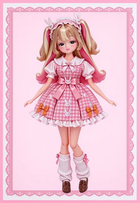 (fullbody, front facing, facing viewer) 1girl, (Licca-chan, doll), doll joints, long hair, two-tone hair, blonde and light brown hair, two side up, twintails, big sparkling black eyes, makeup, long eyelashes, detailed lips, blush, smile, (fashion) light pink and white rabbit print lolita_dress, pinafore dress, light pink puffy short sleeves, carrot waist ornament, pastel orange waist ribbon, waist ribbon, frills, ruffles, red plaid attached ribboned skirt, bow skirt, white hip_ribbons, bows, white bows, light pink bows, orange bows, hair ornament, hair ornaments, hair ribbons, white and pink frilled headband, rabbit hair ornament, jewelry, white and red gingham print loose socks, brown loafers, (simple background, pink theme, pink ribbon border, 🎀)