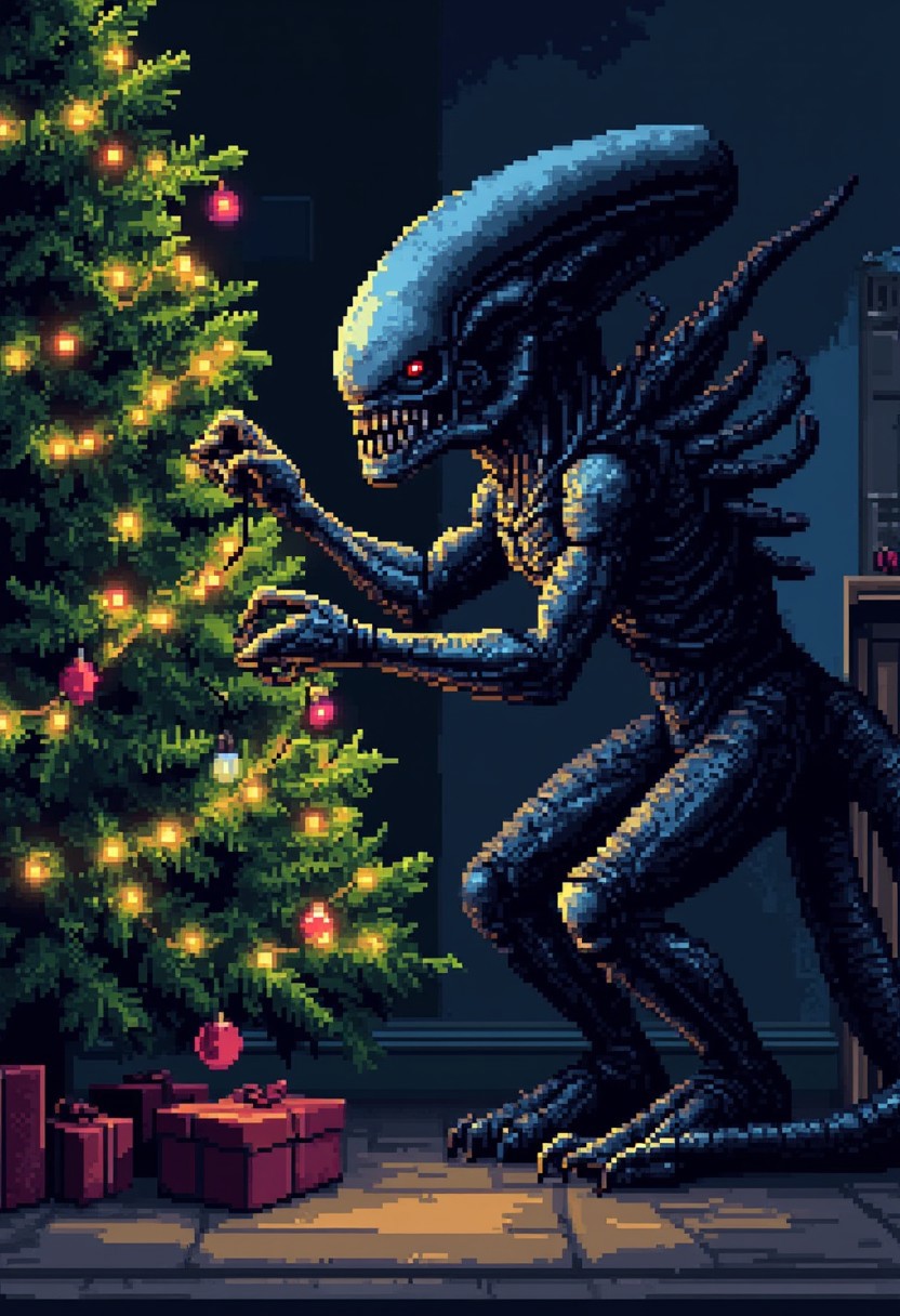 pixel art image of a black xenomorph, tangled up in a string of christmas lights while trying to decorate a tree