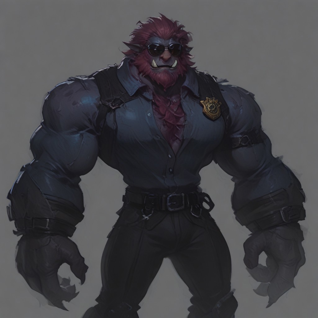 score_9 up, score_8 up, score_7up, solo, 
Trundle, purple skin, red hair, pink nose, tusks, facial hair, dark blue jacket, black pants, black gloves, long sleeves, 3 fingers, police badge, belt, chest strap, sunglasses,
simple background, waist up,
broad shoulders, wide chest, tall, muscular, big hands