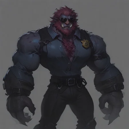 score_9 up, score_8 up, score_7up, solo, 
Trundle, purple skin, red hair, pink nose, tusks, facial hair, dark blue jacket, black pants, black gloves, long sleeves, 3 fingers, police badge, belt, chest strap, sunglasses,
simple background, waist up,
broad shoulders, wide chest, tall, muscular, big hands