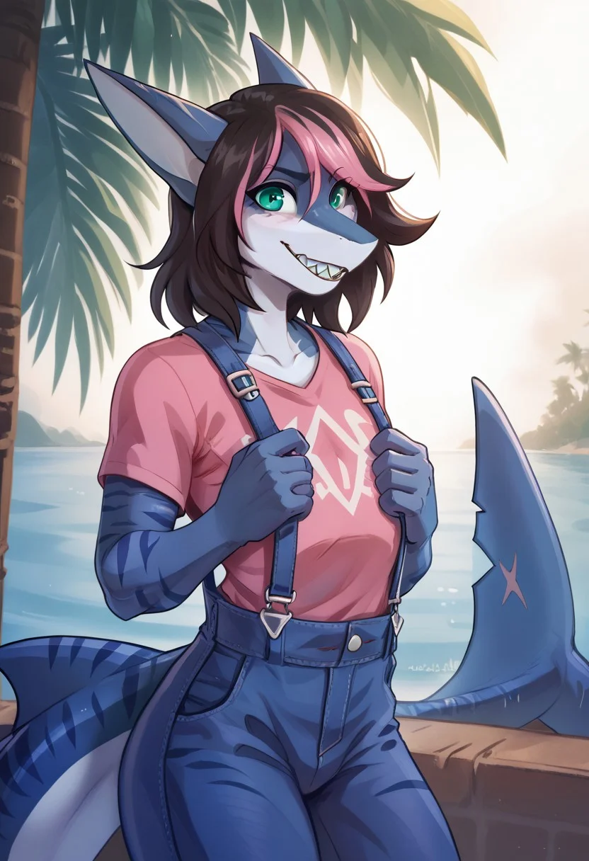 <lora:Scappo_Style_v2_PonyXL:0.8> by scappo, scappo, score_9, score_8_up, score_7_up, moonlitepxl, femboy,solo, anthro shark,medium hair, multicolored hair, dark hair, pink hair,bow, stripes on body, turquoise eyes, BREAK, Portrait, pink T-shirt, blue overalls, hands at chest, palms open, blue light burning in palm, head slightly tilted, dark atmosphere, background dark,Shark teeth,