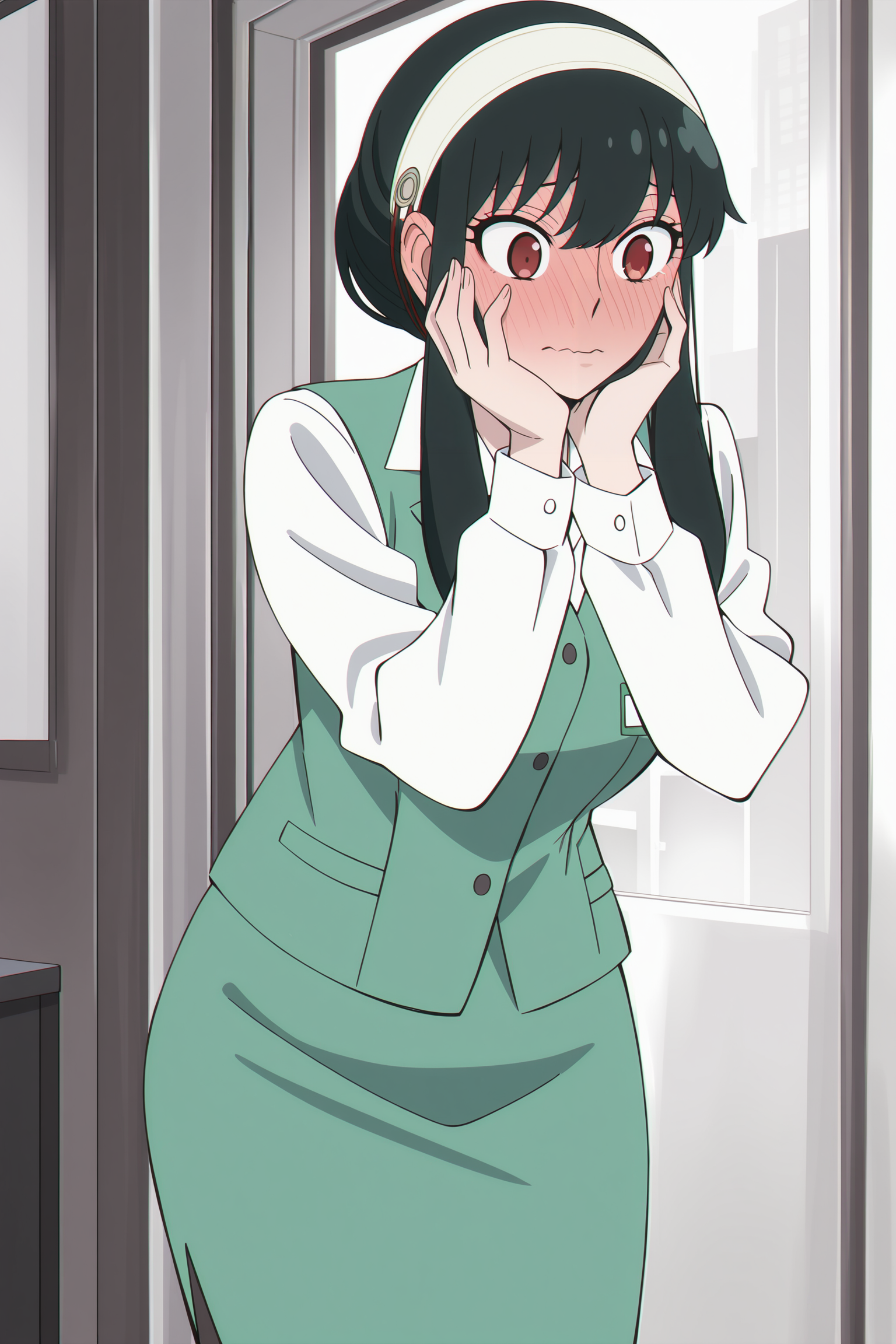 anime screencap, anime coloring, detailed face, masterpiece, best quality, very aesthetic, absurdres, volumetric lighting, official style, amazing quality, ultra detailed,  highres, amazing quality, scenery, beautiful detailed hair, beautiful detailed eyes, detailed fingers,
<lora:All_of_Yor_ForgerBriars_outfits_Spy_x_Family:.9>
in an office,
Yor green work uniform (outfit), Yor Forger (character), 1girl, yor briar, green vest, hairband, solo, skirt, black hair, red eyes, hands on cheek, sidelocks, shirt, green skirt, white hairband, white shirt, office lady, wavy mouth, full face blush, cowboy shot