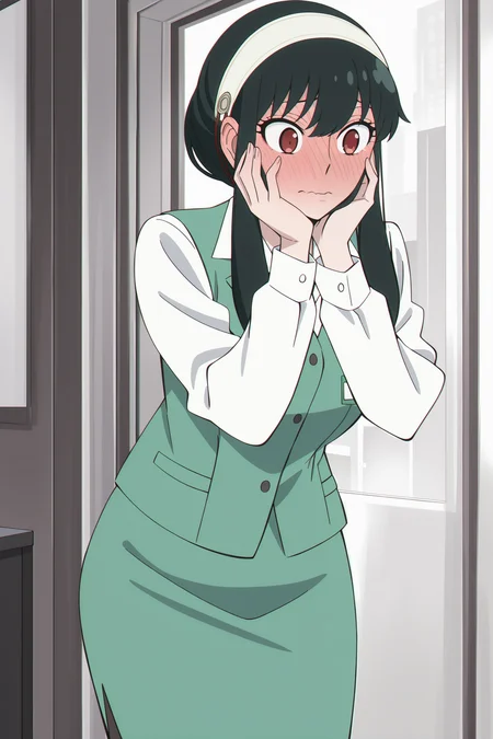 anime screencap, anime coloring, detailed face, masterpiece, best quality, very aesthetic, absurdres, volumetric lighting, official style, amazing quality, ultra detailed, highres, amazing quality, scenery, beautiful detailed hair, beautiful detailed eyes, detailed fingers,
<lora:All_of_Yor_ForgerBriars_outfits_Spy_x_Family:.9>
in an office,
Yor green work uniform (outfit), Yor Forger (character), 1girl, yor briar, green vest, hairband, solo, skirt, black hair, red eyes, hands on cheek, sidelocks, shirt, green skirt, white hairband, white shirt, office lady, wavy mouth, full face blush, cowboy shot