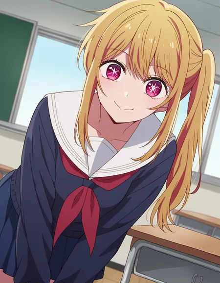 score_9, score_8_up, score_7_up, source_anime,
rubyhoshino, <lora:ruby-hoshino-s1-ponyxl-lora-nochekaiser:1>,
ruby hoshino, long hair, bangs, blonde hair, pink eyes, sidelocks, symbol-shaped pupils, multicolored hair, two-tone hair,
side ponytail, long sleeves, school uniform, serafuku, sailor collar, neckerchief, cardigan, red neckerchief, white sailor collar, skirt, blue skirt,
indoors, classroom, bent over, smile,
looking at viewer, cowboy shot, dutch angle, solo,