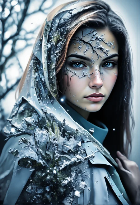 aidmaMJ6.1, darkcore, Jeddblexpsre,double exposure, ethereal. A mid-shot of the young woman from the chest up, focusing on the realistic texture of her light blue cloak and the soft blend of icy branches that merges into her silhouette. Her slightly revealing attire is partially visible beneath the cloak, but the attention remains on the harmonious layering of her figure and the natural landscape behind her. The snowflakes falling around her add depth to the composition, while the mid-shot provides enough detail of her upper body and the surrounding scene, ensuring the double exposure effect remains subtle yet impactful. Her hands are gently resting on her cloak, only partially visible ., <lora:FluxDFaeTasticDetails.safetensors:1.0:1.0> <lora:aidmaMJ6.1-FLUX-V0.2.safetensors:1.0:1.0> <lora:Flux DoubleExposure_epoch_1.safetensors:1.0:1.0> <lora:NebulaNexus_v1.safetensors:0.7000000000000001:0.7000000000000001>