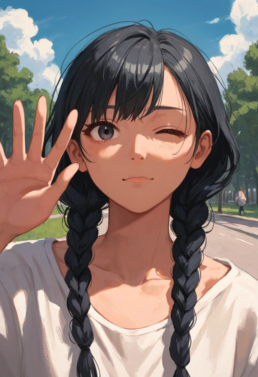 score_9, score_8_up, score_7_up, rating_safe, 1girl, waving, close-up, black hair, closed mouth, braids,  park, cloud, collarbone,  one eye closed,  <lora:ra1ncloudstyle:1>