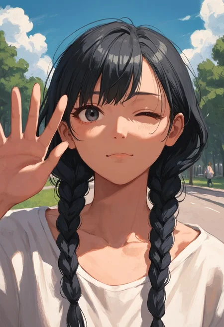 score_9, score_8_up, score_7_up, rating_safe, 1girl, waving, close-up, black hair, closed mouth, braids,  park, cloud, collarbone,  one eye closed,  <lora:ra1ncloudstyle:1>
