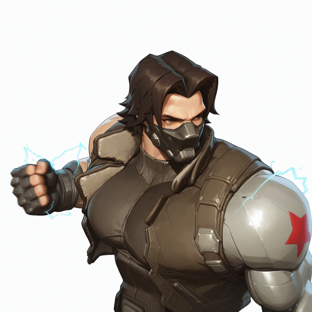 <lora:WINTER_SOLDIER:1> winter_soldier, solo, simple background, brown hair, black hair, white background, 1boy, gloves, male focus, fingerless gloves, vest, muscular, mask, muscular male, clenched hand, mouth mask, mechanical arms, manly, cyborg, prosthesis, single mechanical arm, prosthetic arm, black gloves, electricity, dynamic perspective, detailed background, motion blur, film grain, abstract, natural lighting, fantasy, cinematic, dynamic view, tilted angle, very awa, masterpiece, best quality, absurdres, newest, perfect quality, detailed background, intricate details, (artist:fl \(l-fl\):0.7), (artist:tooboshoo:0.7), (artist:dizdoodz:0.8)