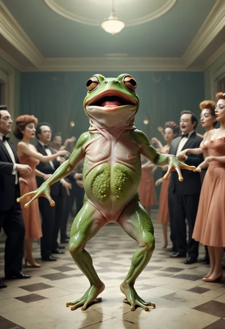 A surreal mind image of a frog dancing in a musical movie