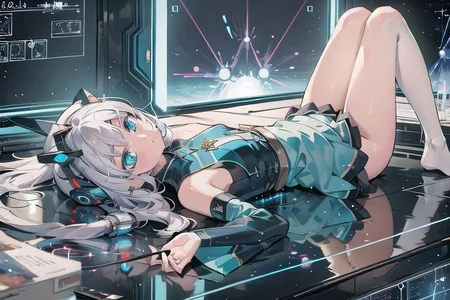 (masterpiece), (science fiction:1.4), 1girl, lying on the back on a mirror, lying on the back on a mirror, lying on the back on a mirror, smile, silver hair, aqua eyes, headgear, long sleeves, detached sleeves, glowing energy clothing, light particles, energy particles, perfect hands, perfect legs
