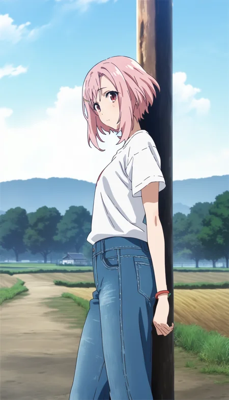 score_9,score_8_up,score_7_up,
<lora:yoshinokoharu:0.9>,yoshinokoharu,
1girl,solo,pink hair,short hair,bangs,red eyes,looking at viewer,closed mouth,blue denim overall,white shirt,cowboy shot,arms down,
outdoors,morning,summer,rolling hills,tree,poles,fields,blue sky,cloud,