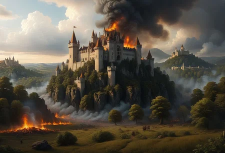 A Gothic castle with spires that reach towards the clouds, surrounded by a dark and mysterious forest,, Spotlighting, besieged by army, fires burning, thousands of soldiers storming ramparts, castle on fire, hundreds of archers shooting arrows, battle raging, ambient occlusion, 8K, RTX 3090, trending on artstation, lumens <lora:SDXLFaeTastic2400:0.8> <lora:EnvyFeverDreamXL01a:0.7> <lora:The_Classic:0.8>